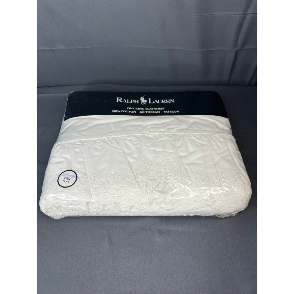 NEW Ralph Lauren Home Old Stock Patience White King Flat Sheet Eyelet Ruffle